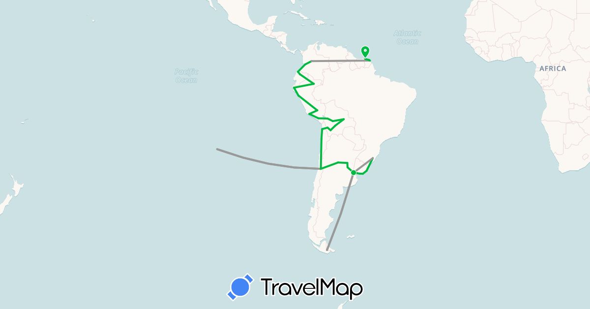 TravelMap itinerary: bus, plane in Argentina, Bolivia, Brazil, Chile, Colombia, Ecuador, French Guiana, Peru, Uruguay (South America)
